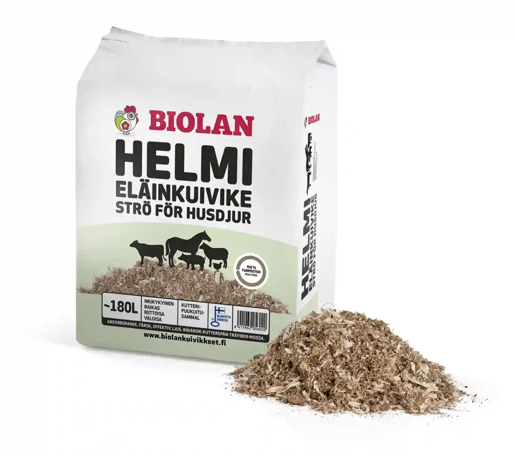 Biolan Helmi eläinkuivike pakkaus ja tuote edestä kuvattuna