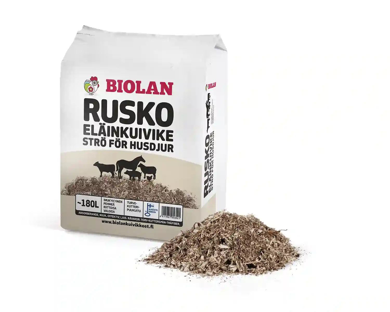 Biolan Rusko eläinkuivike pakkaus ja tuote edestä kuvattuna