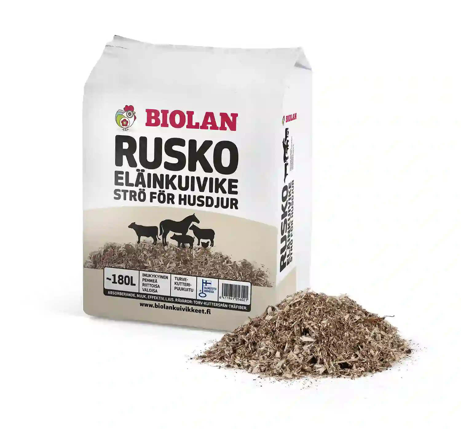 Biolan Rusko eläinkuivike pakkaus ja tuote edestä kuvattuna